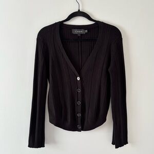 11 Honoré Ribbed Knit Cardigan Sweater V-Neck Stretch Boxy Casual Black